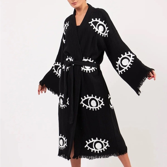 Cotton Muslin Black Evil Eye Kimono Cardigan Robe, Evil Eye Kimono, Ethnic Boho - Picture 3 of 4